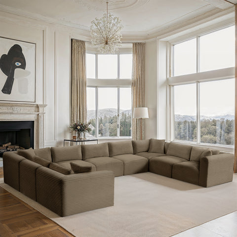 Faye 171" Taupe Corduroy Performance Fabric Upholstered Sectional, 9-Piece