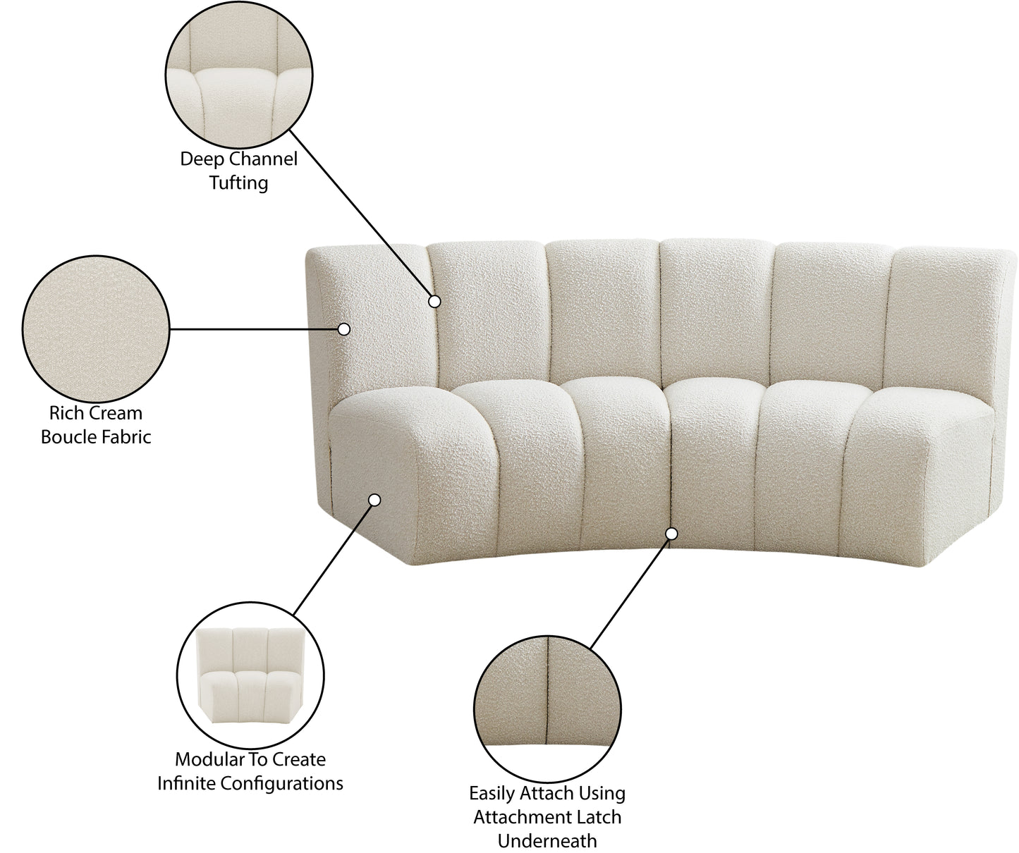 calais cream boucle fabric 2pc. modular sectional pc