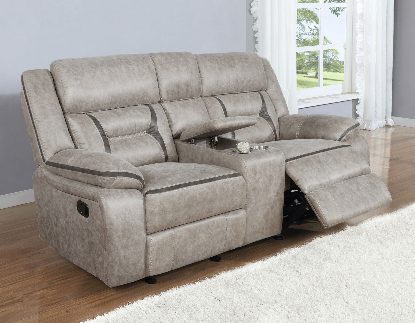 zara upholstered motion reclining loveseat taupetaupe