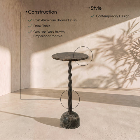 Quinn Brown Genuine Marble Top And Aluminum Base Drink Table, 1 Piece (Style 2)