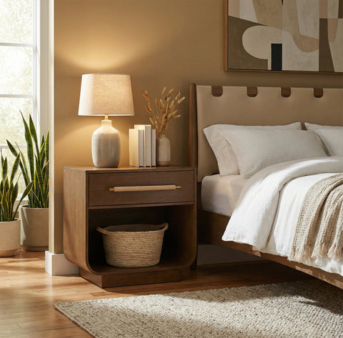 Yara 28" Brown Rattan Handle And Solid Wood Nightstand, 1 Piece