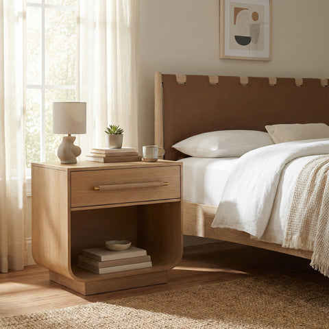 Yara 28" Natural Rattan Handle And Solid Wood Nightstand, 1 Piece