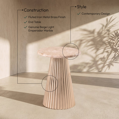 Harper Beige Genuine Marble Top And Iron Base End / Side Table, 1 Piece