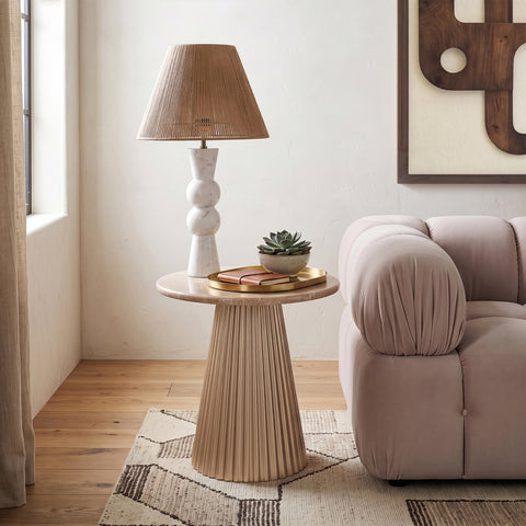 Harper Beige Genuine Marble Top And Iron Base End / Side Table, 1 Piece