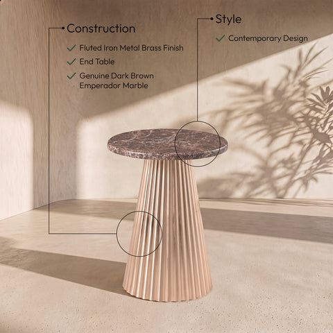 Harper Brown Genuine Marble Top And Iron Base End / Side Table, 1 Piece