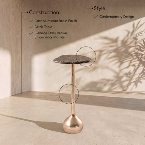 Tessa Brown Genuine Marble Top And Aluminum Base Drink Table, 1 Piece