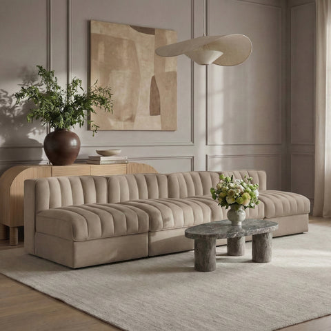 Talia Beige Velvet Performance Fabric Upholstered Sofa, 4-Piece (Style 2)