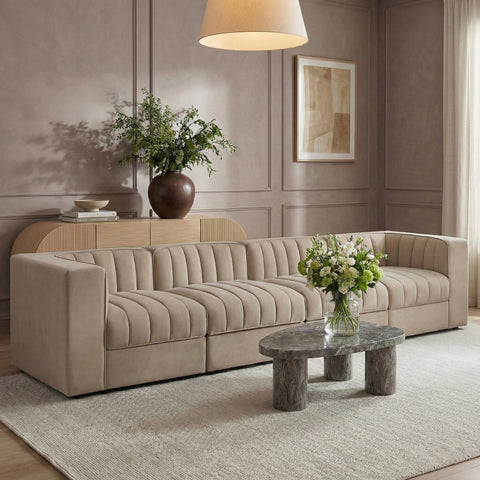 Talia Beige Velvet Performance Fabric Upholstered Sofa, 4-Piece (Style 3)