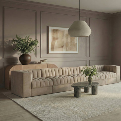Talia Beige Velvet Performance Fabric Upholstered Sofa, 5-Piece