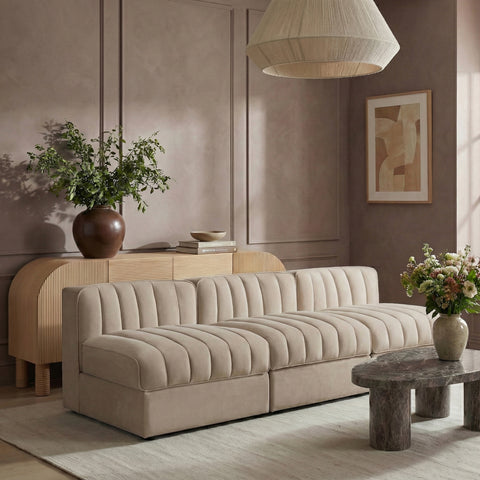 Talia Beige Velvet Performance Fabric Upholstered Sofa, 3-Piece