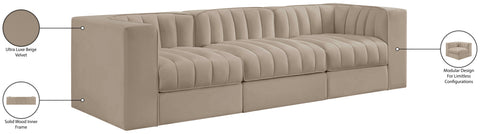 Talia Beige Velvet Performance Fabric Upholstered Sofa, 3-Piece (Style 2)