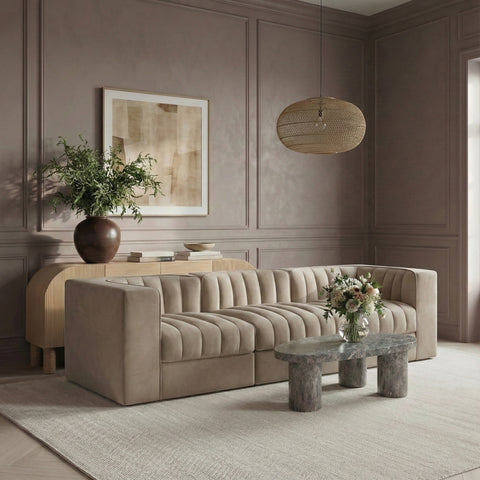 Talia Beige Velvet Performance Fabric Upholstered Sofa, 3-Piece (Style 2)