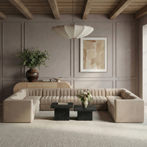 Talia Beige Velvet Performance Fabric Upholstered Sectional, 10-Piece