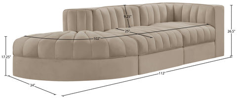 Talia Beige Velvet Performance Fabric Upholstered Sectional, 3-Piece