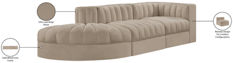 Talia Beige Velvet Performance Fabric Upholstered Sectional, 3-Piece