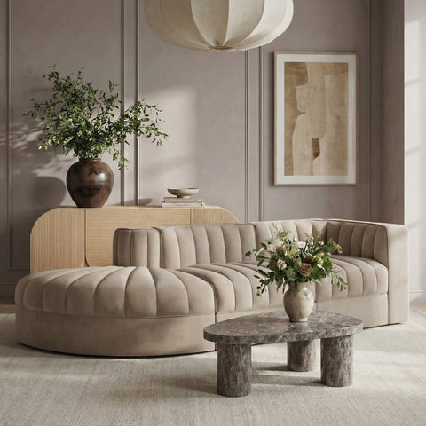 Talia Beige Velvet Performance Fabric Upholstered Sectional, 3-Piece