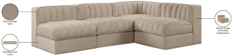 Talia Beige Velvet Performance Fabric Upholstered Sectional, 4-Piece