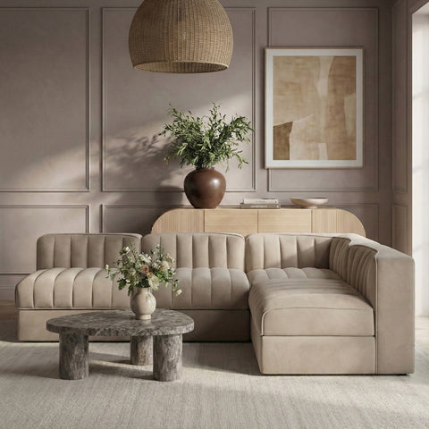 Talia Beige Velvet Performance Fabric Upholstered Sectional, 4-Piece