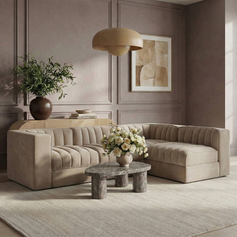Talia Beige Velvet Performance Fabric Upholstered Sectional, 4-Piece (Style 2)