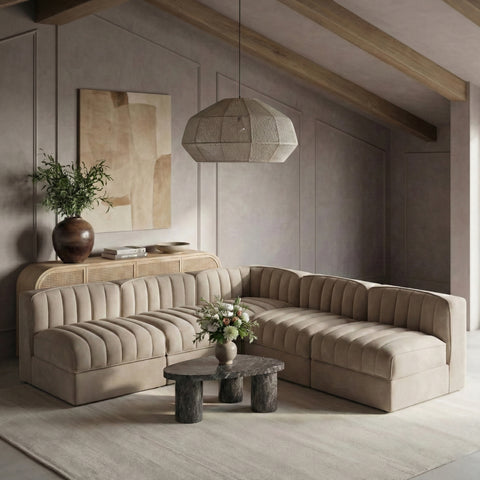 Talia Beige Velvet Performance Fabric Upholstered Sectional, 5-Piece