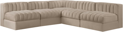 Talia Beige Velvet Performance Fabric Upholstered Sectional, 5-Piece