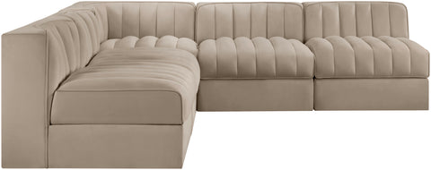 Talia Beige Velvet Performance Fabric Upholstered Sectional, 5-Piece