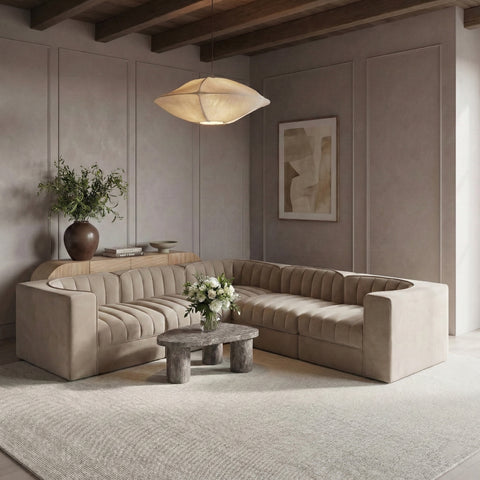 Talia Beige Velvet Performance Fabric Upholstered Sectional, 5-Piece (Style 2)