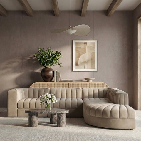 Talia Beige Velvet Performance Fabric Upholstered Sectional, 5-Piece (Style 3)