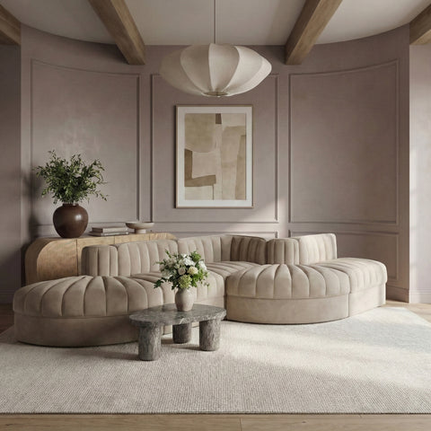 Talia Beige Velvet Performance Fabric Upholstered Sectional, 5-Piece (Style 4)
