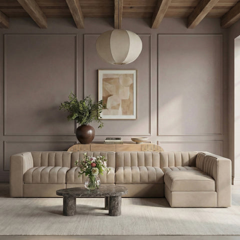Talia Beige Velvet Performance Fabric Upholstered Sectional, 5-Piece (Style 5)