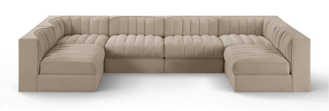 Talia Beige Velvet Performance Fabric Upholstered Sectional, 6-Piece