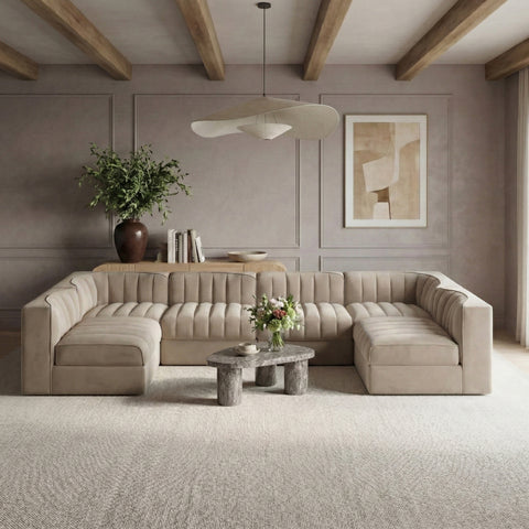 Talia Beige Velvet Performance Fabric Upholstered Sectional, 6-Piece