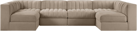 Talia Beige Velvet Performance Fabric Upholstered Sectional, 6-Piece