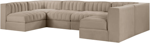 Talia Beige Velvet Performance Fabric Upholstered Sectional, 6-Piece