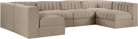 Talia Beige Velvet Performance Fabric Upholstered Sectional, 6-Piece