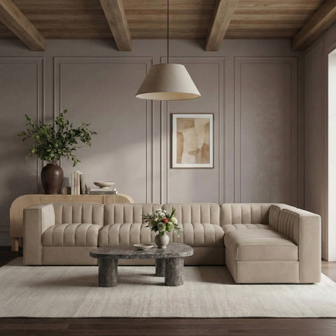 Talia Beige Velvet Performance Fabric Upholstered Sectional, 6-Piece (Style 2)