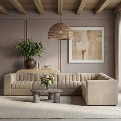 Talia Beige Velvet Performance Fabric Upholstered Sectional, 6-Piece (Style 4)