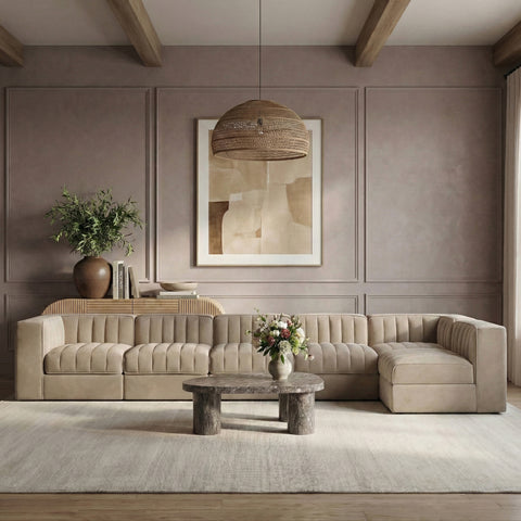 Talia Beige Velvet Performance Fabric Upholstered Sectional, 6-Piece (Style 5)