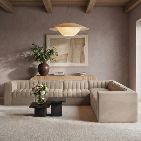 Talia Beige Velvet Performance Fabric Upholstered Sectional, 7-Piece