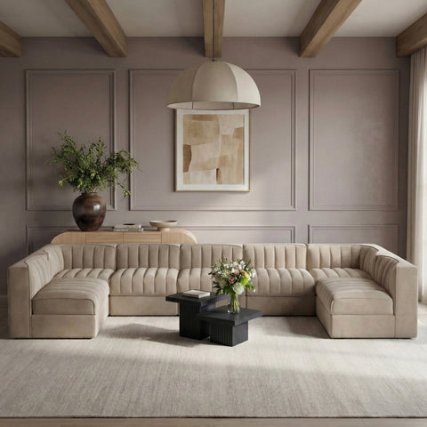 Talia Beige Velvet Performance Fabric Upholstered Sectional, 7-Piece (Style 2)