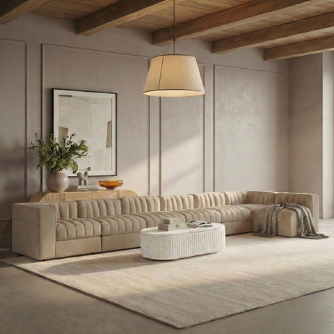 Talia Beige Velvet Performance Fabric Upholstered Sectional, 7-Piece (Style 4)