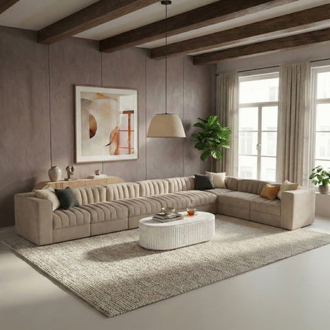 Talia Beige Velvet Performance Fabric Upholstered Sectional, 8-Piece (Style 3)