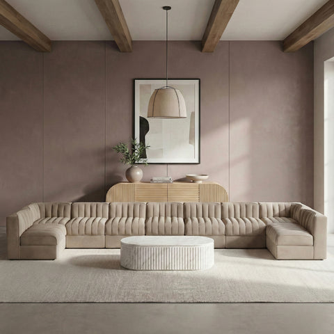 Talia Beige Velvet Performance Fabric Upholstered Sectional, 9-Piece