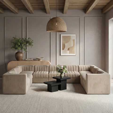 Talia Beige Velvet Performance Fabric Upholstered Sectional, 9-Piece (Style 2)