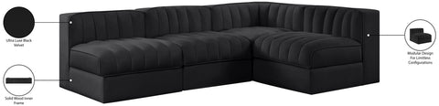 Talia Black Velvet Performance Fabric Upholstered Sectional, 4-Piece
