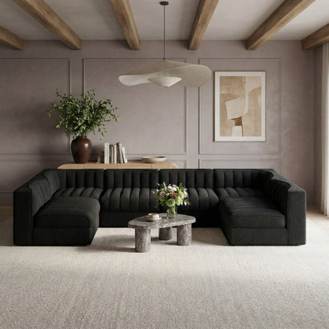 Talia Black Velvet Performance Fabric Upholstered Sectional, 6-Piece