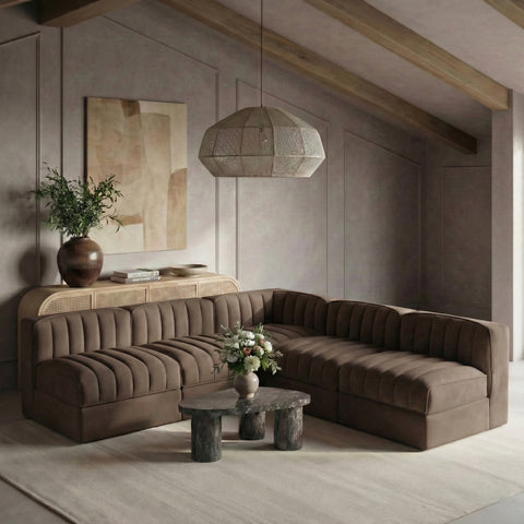 Talia Brown Velvet Performance Fabric Upholstered Sectional, 5-Piece