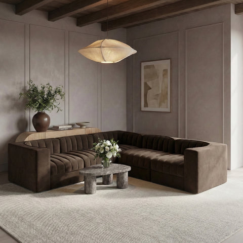 Talia Brown Velvet Performance Fabric Upholstered Sectional, 5-Piece (Style 2)