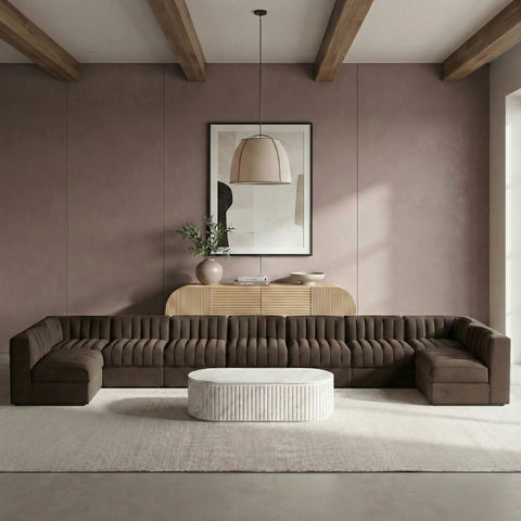 Talia Brown Velvet Performance Fabric Upholstered Sectional, 9-Piece