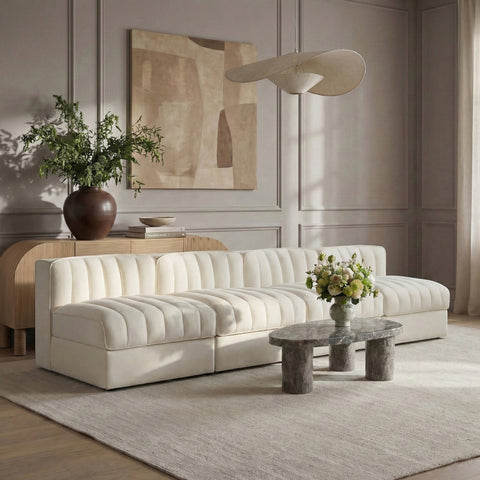Talia Cream Velvet Performance Fabric Upholstered Sofa, 4-Piece (Style 2)